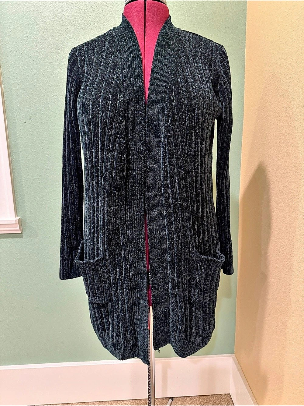 matty m Chenille Ribbed Open Front Cardigan Black